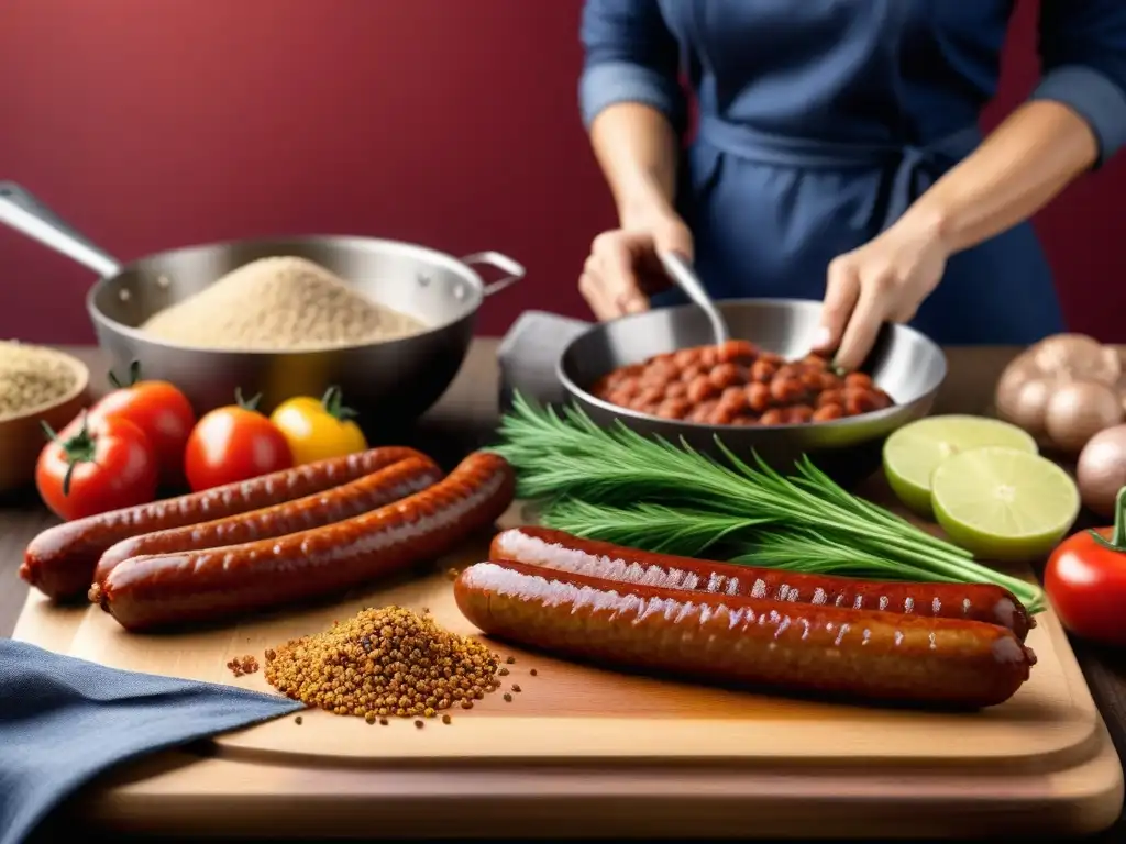 Detalle paso a paso de la receta chorizos veganos caseros en una cocina moderna y luminosa