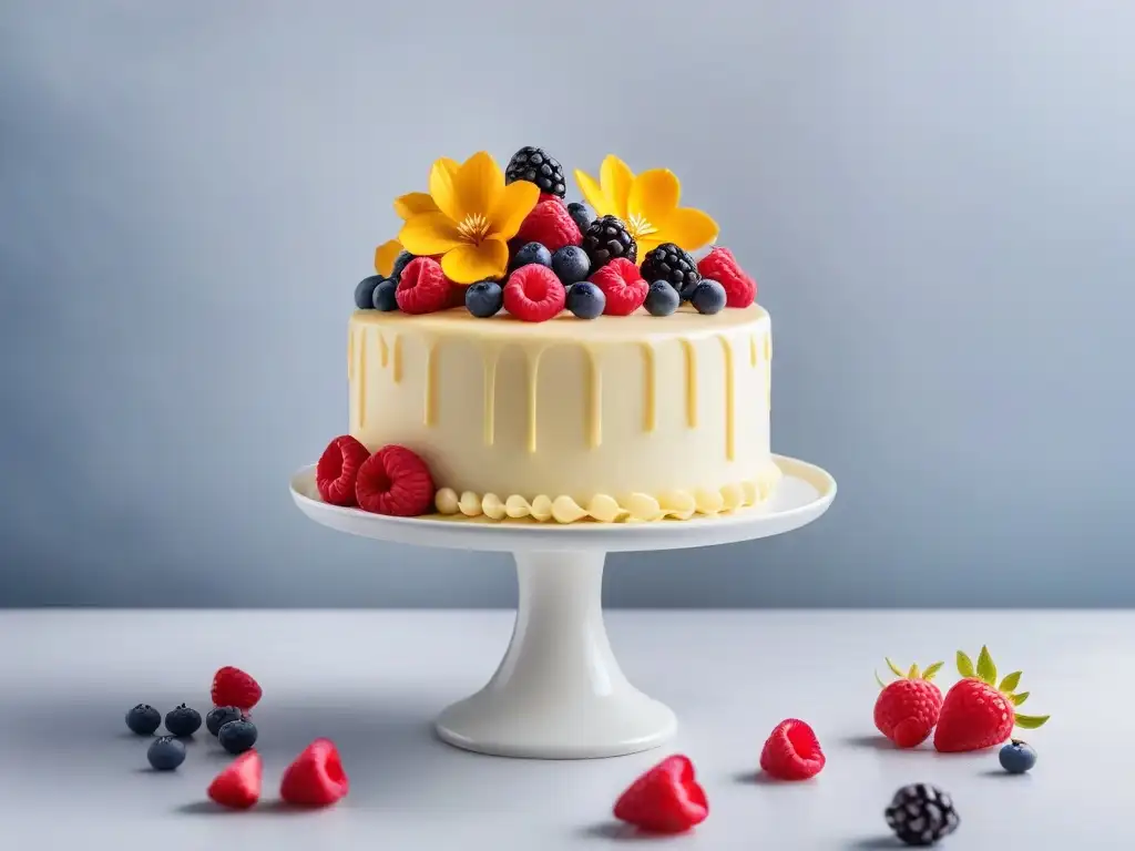 Detalle de pastel vegano sin gluten con decoración floral y frutos rojos en repostería vegana sin gluten saludable