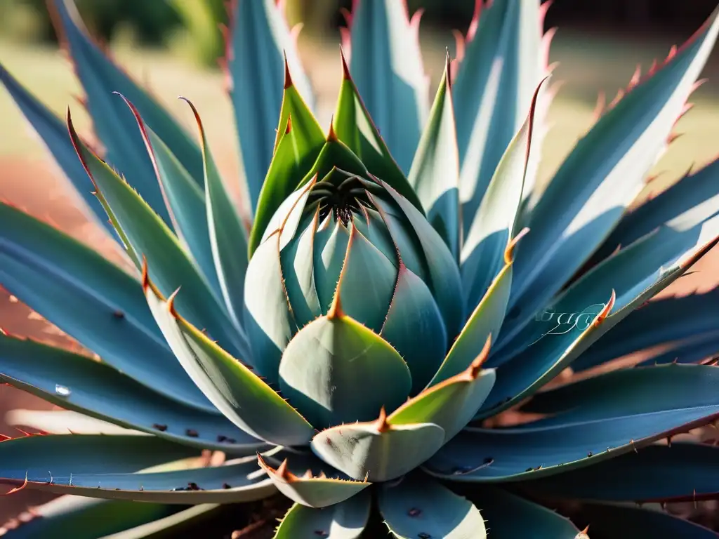 Un detalle ultra definido de una planta de agave madura y brillante, bañada en luz natural, que muestra patrones y texturas intrincados