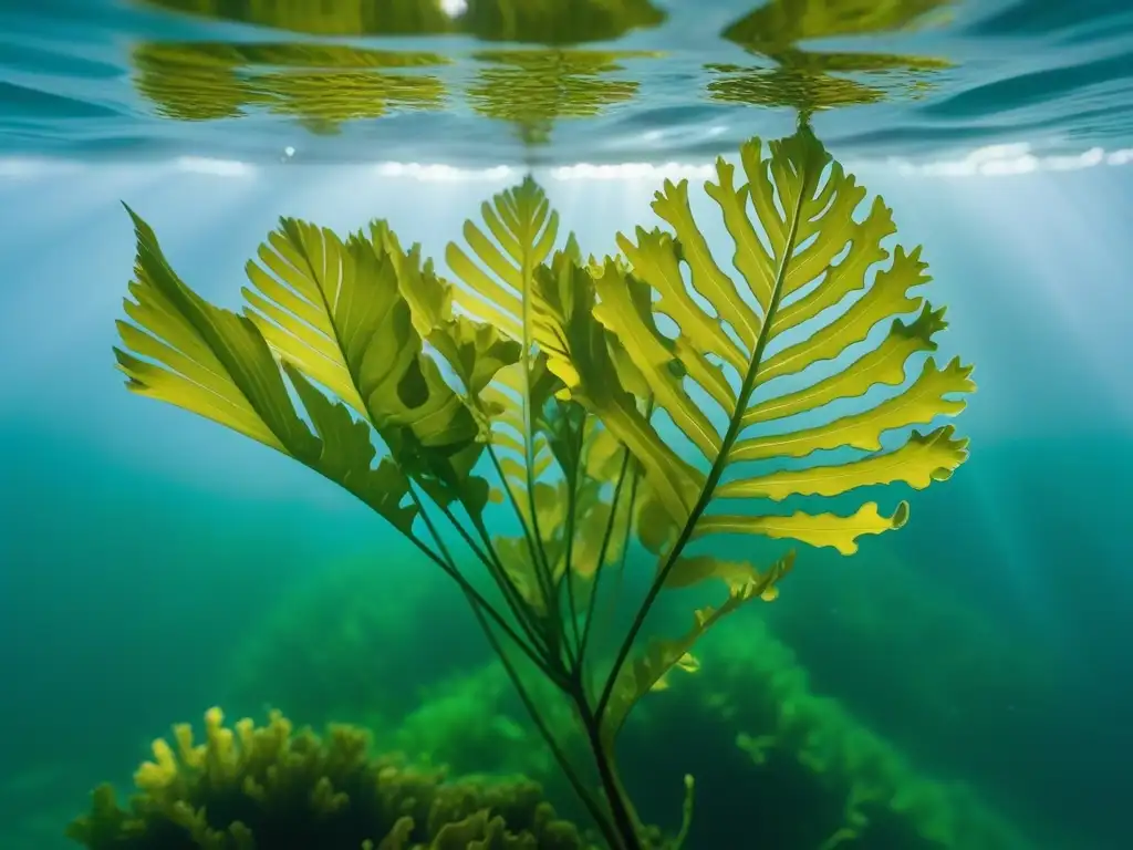 Detalle vibrante de algas marinas verdes, patrones y texturas subacuáticas