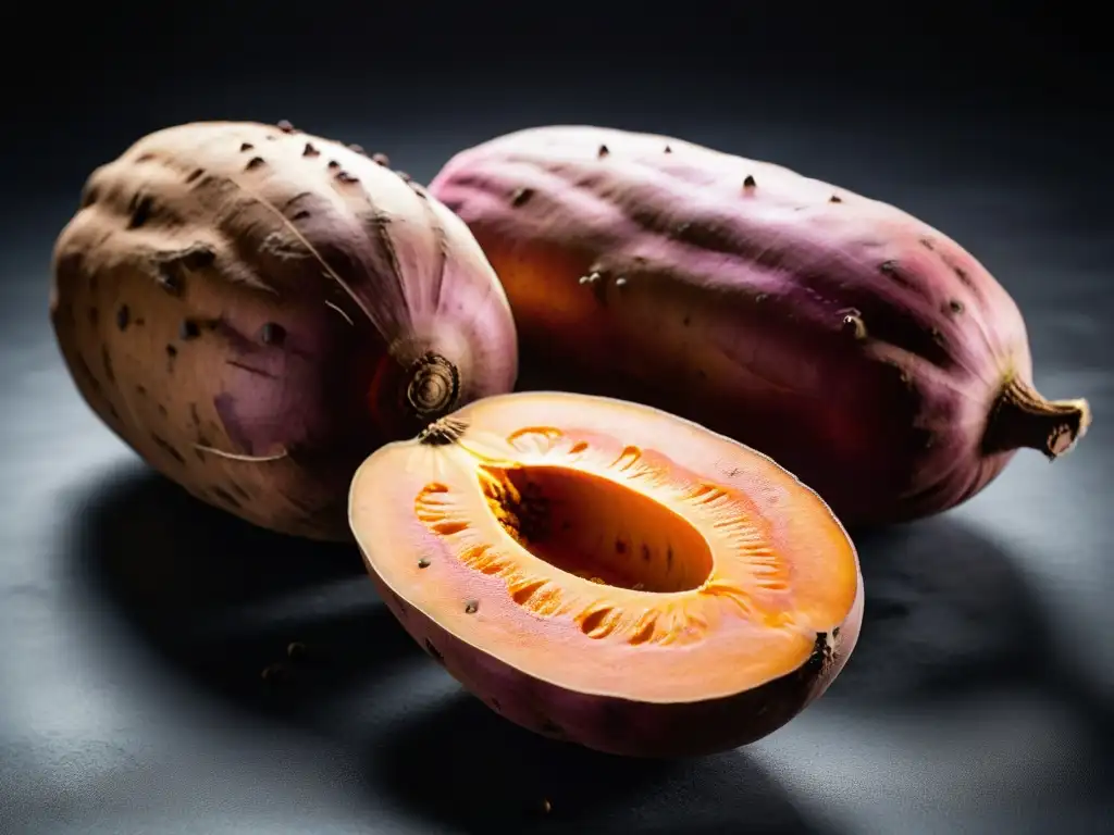 Detalle vibrante de una batata recién cosechada, con piel naranja y tierra, iluminada por luz natural