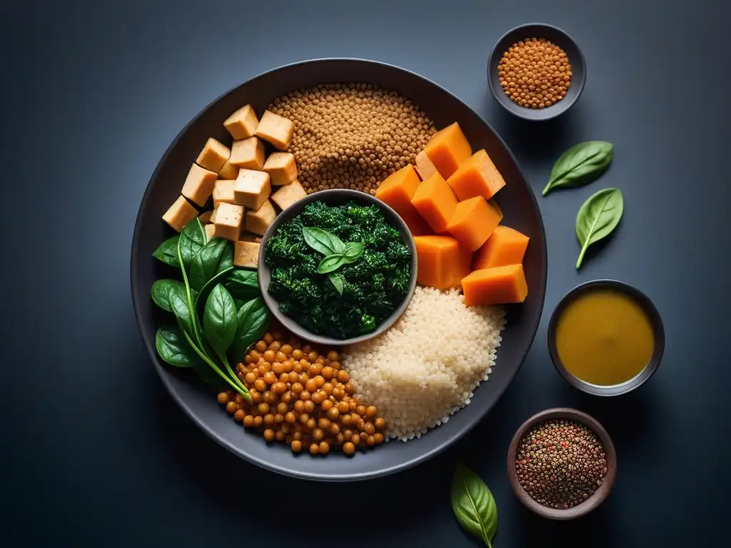 Detalle vibrante de fuentes de hierro vegano como lentejas, espinacas, quinoa y tofu, representando la diversidad nutricional