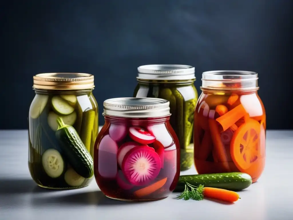 Detalle vibrante de pickles veganos caseros en frascos, variedad de vegetales encurtidos en vinagre, receta pickles caseros veganos ácidos