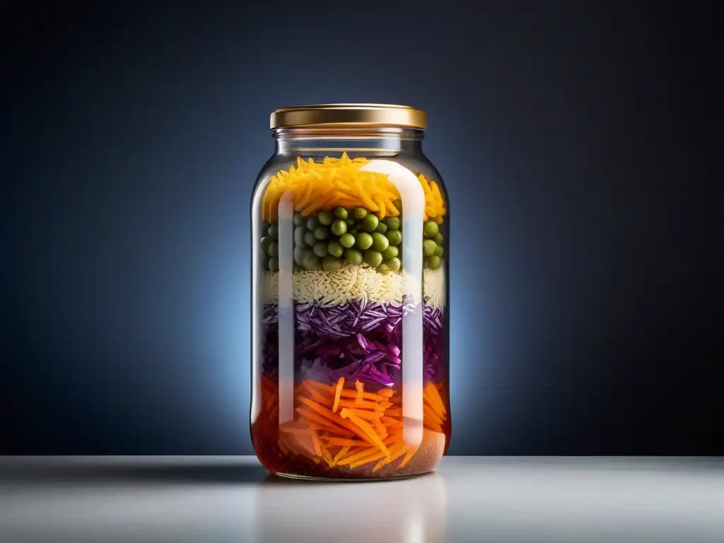 Detalle vibrante de tarro con capas de verduras fermentadas, mostrando burbujas y texturas en libro de expertos en fermentación vegana