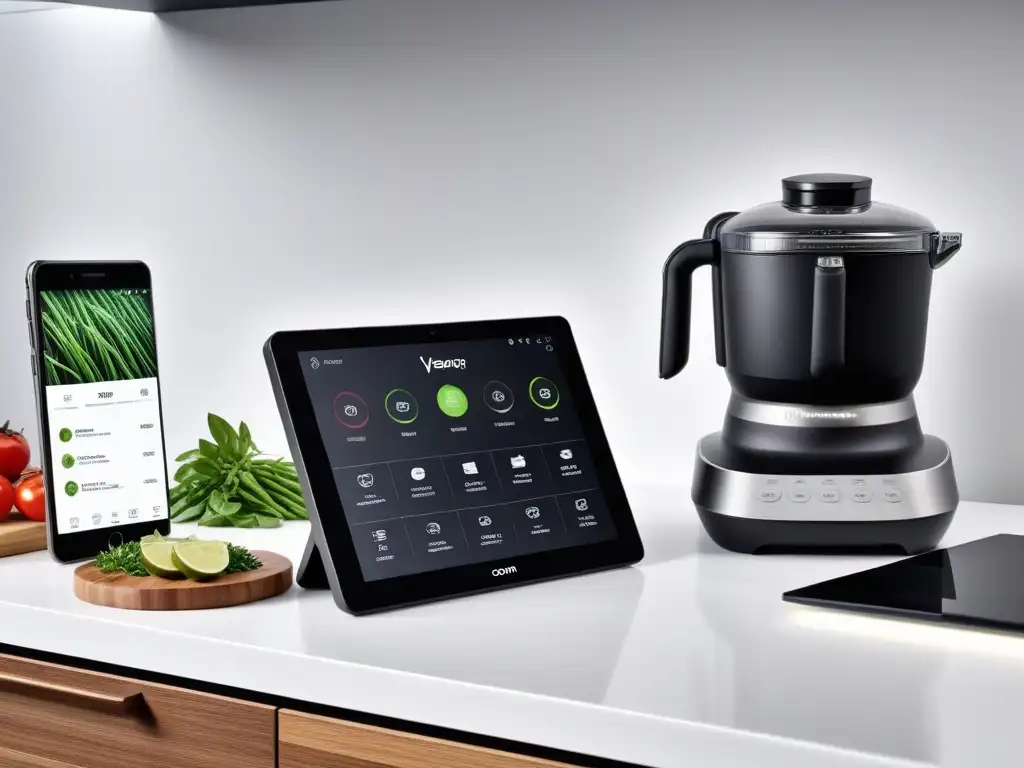 Detalles de cocina vegana con tecnología sostenible: encimera de vidrio reciclado y gadgets eco-amigables