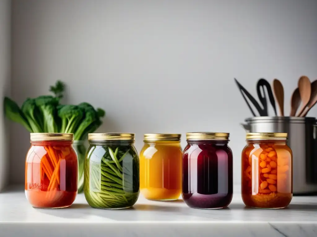 Detalles coloridos de tarros de vidrio con fermentos veganos burbujeantes, en un elegante escenario de cocina minimalista