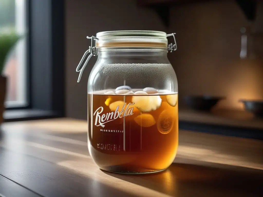 Detalles fascinantes de un frasco de vidrio con té kombucha burbujeante, mostrando la cultura flotante