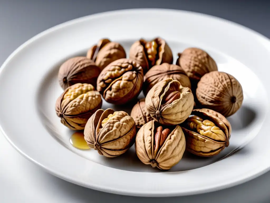 Detalles fascinantes de nueces veganas en un plato blanco minimalista