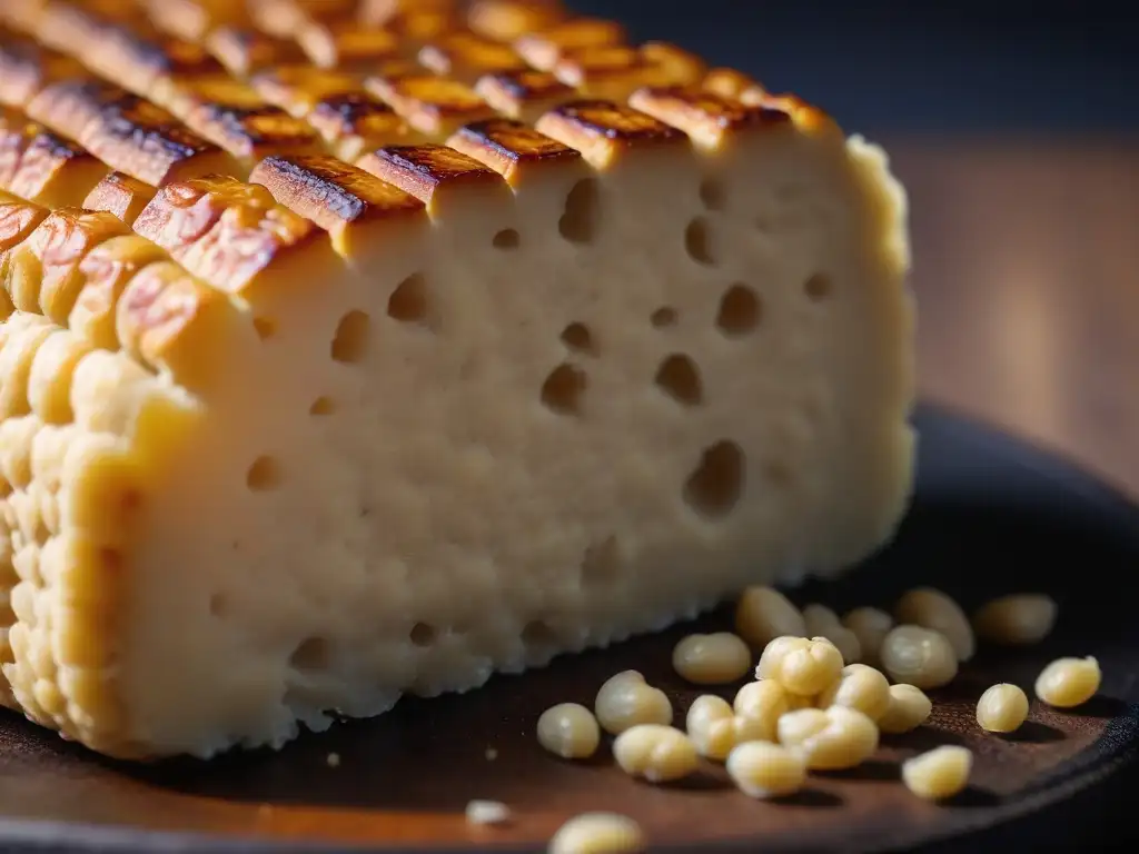 Detalles fascinantes del tempeh casero vegano, mostrando patrones intrincados de soja fermentada unida por micelios