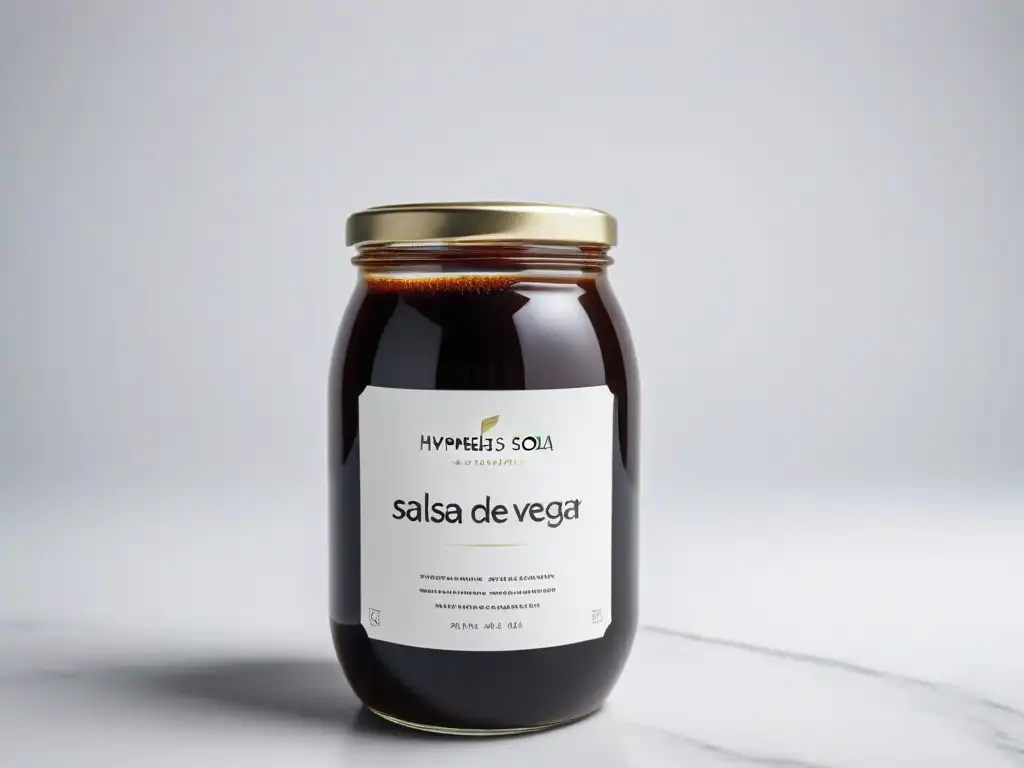 Detalles de un frasco de vidrio con Salsa de Soja Vegana Casera, resaltando su frescura y calidad artesanal en un diseño minimalista y moderno