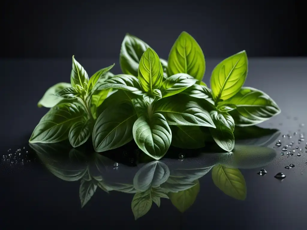 Detalles frescos de albahaca verde sobre encimera negra mate, resaltando frescura y modernidad para conservar hierbas frescas más tiempo