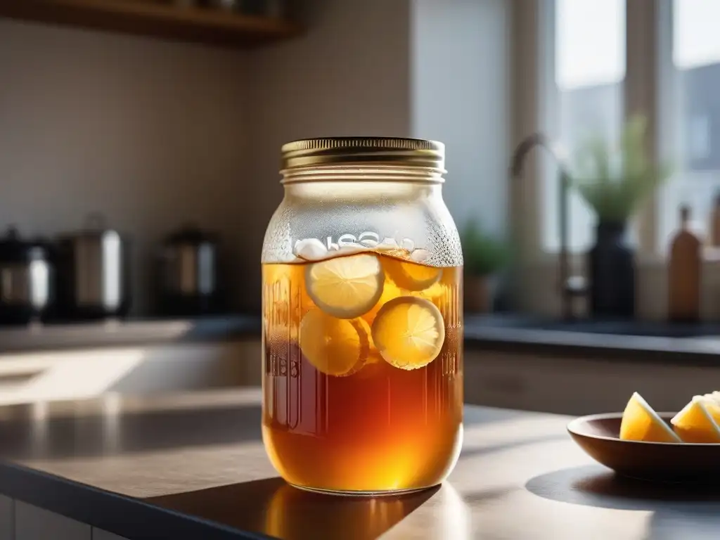 Detalles de una jarra de kombucha casera con burbujas y scoby flotando