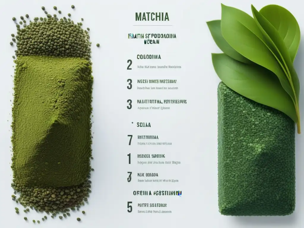 Detalles nutricionales y beneficios del matcha para veganos en una tabla comparativa colorida y moderna