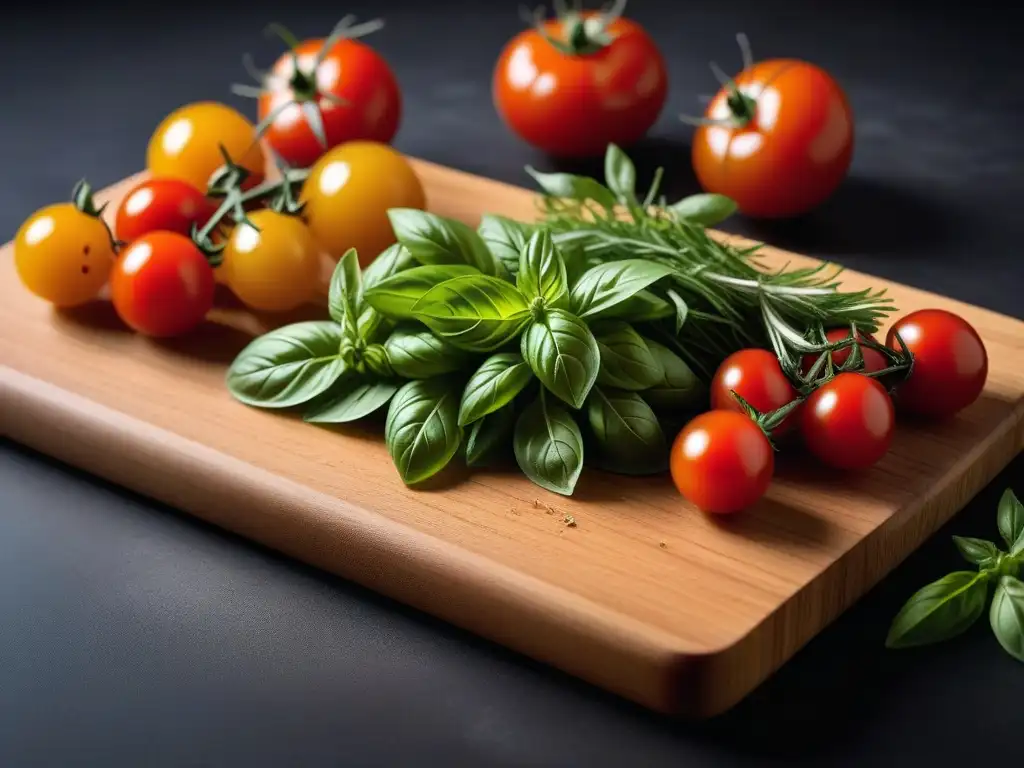 Tabla de cortar de madera con hierbas frescas y queso vegano Detalles de una tabla de cortar de madera rústica con hierbas frescas, tomates cherry y queso parmesano vegano casero, receta parmesano vegano casero