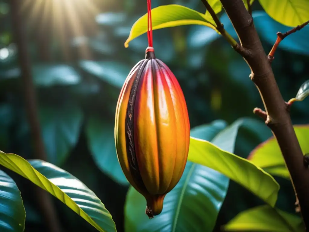 Detalles vibrantes de un cacao maduro en su árbol, en una plantación exuberante