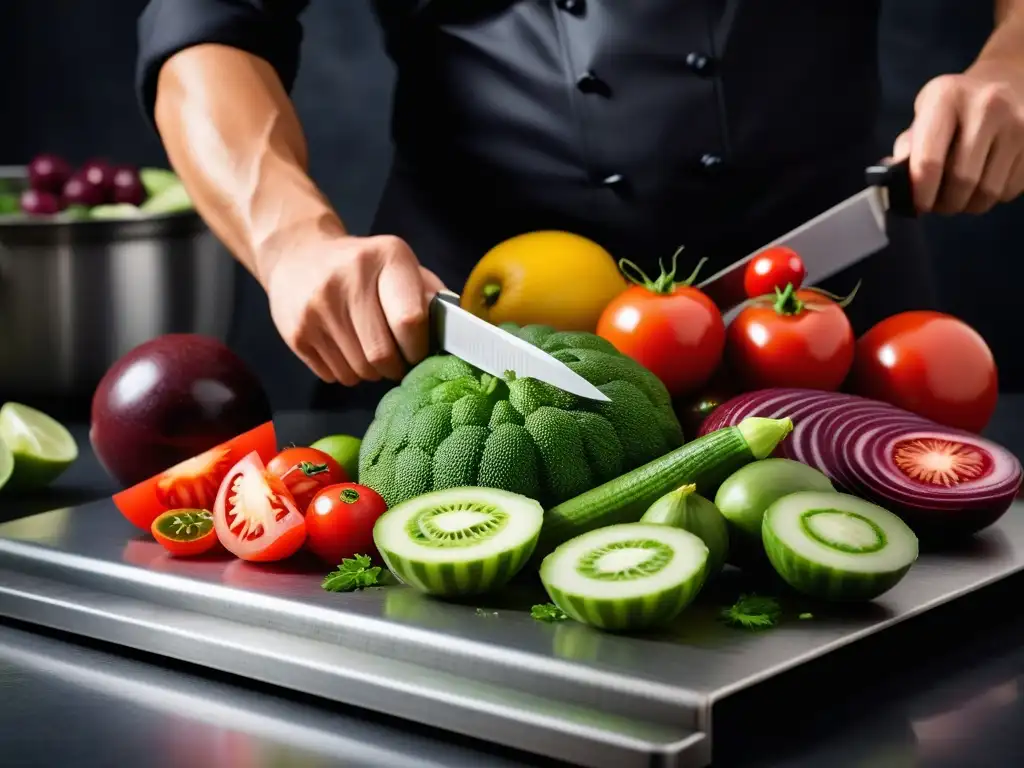 Detalles vibrantes de frutas y verduras cortadas a mano en técnica de maceración para veganos