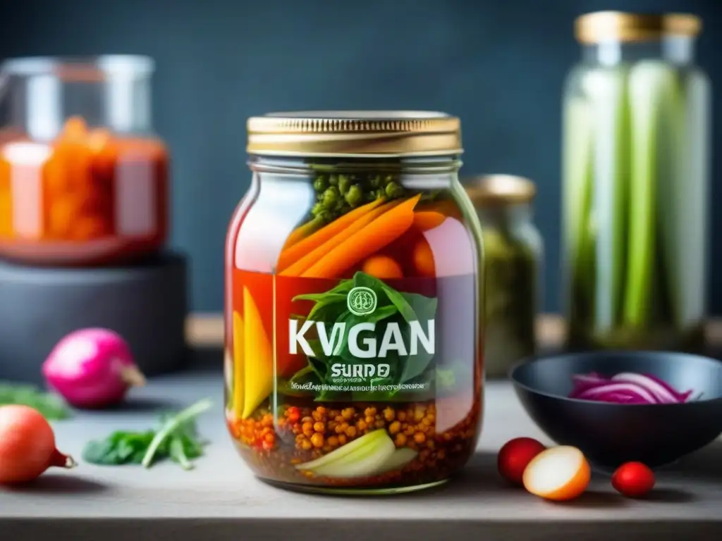 Detalles vibrantes de kimchi vegano fermentando en frasco de vidrio