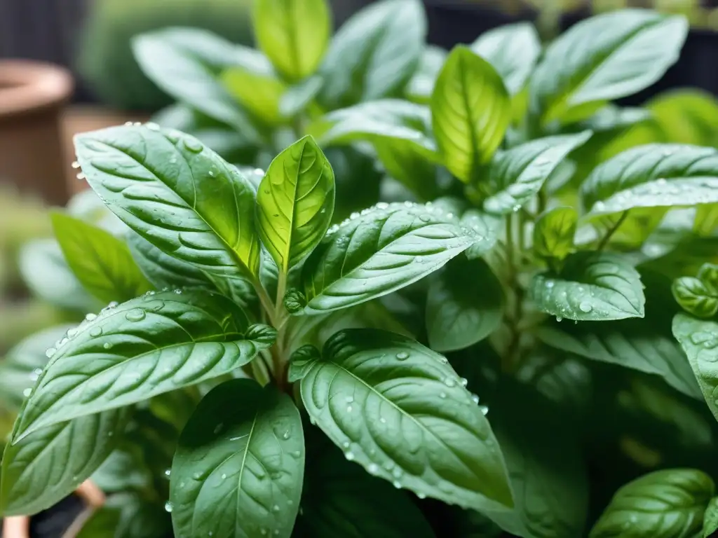 Detalles vibrantes de una planta de albahaca en un huerto urbano vegano