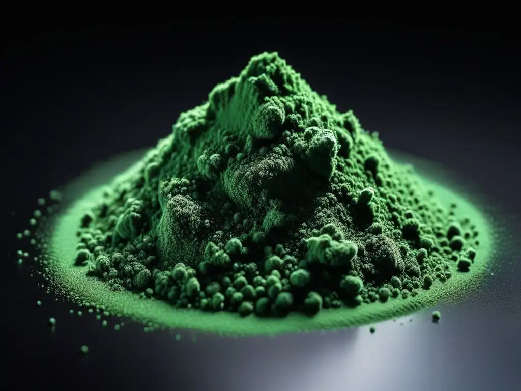 Detalles vibrantes del polvo de espirulina verde sobre fondo negro, transmitiendo pureza y energía