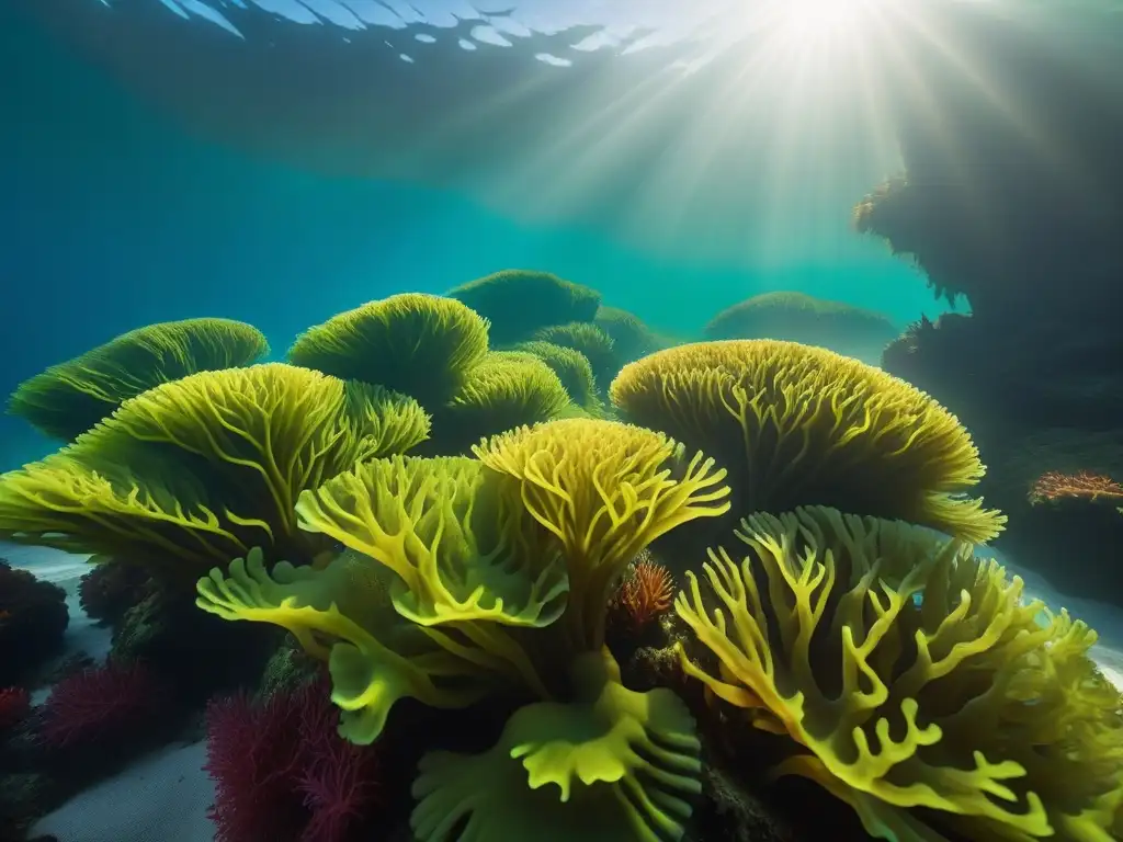 Detalles vibrantes del alga marina verde, mostrando patrones y texturas bajo el agua