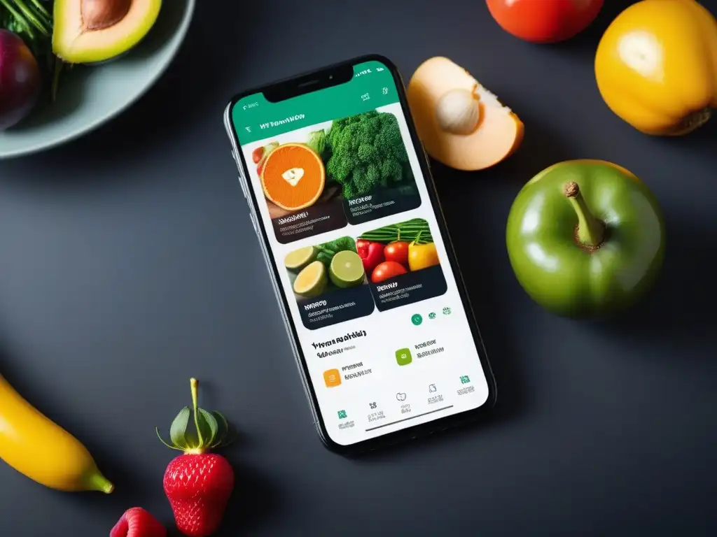 Una ilustración digital vibrante y detallada de una app de nutrición vegana equilibrada, con gráficos coloridos y alimentos vegetales