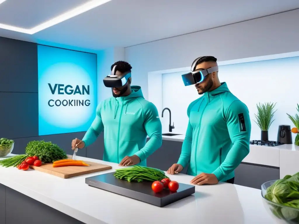 Una ilustración digital vibrante y moderna de personas utilizando plataformas digitales para cocina vegana en un entorno futurista y tecnológico