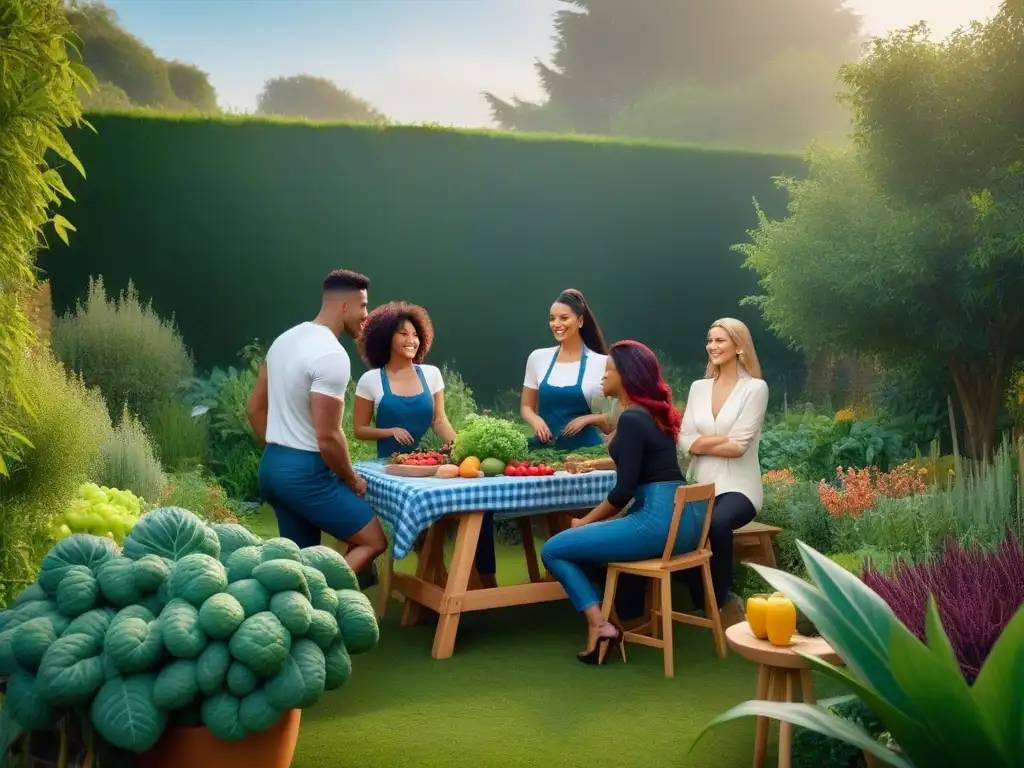 Una ilustración digital vibrante y moderna de personas diversas disfrutando prácticas sostenibles y veganas en comunidad en un jardín exuberante