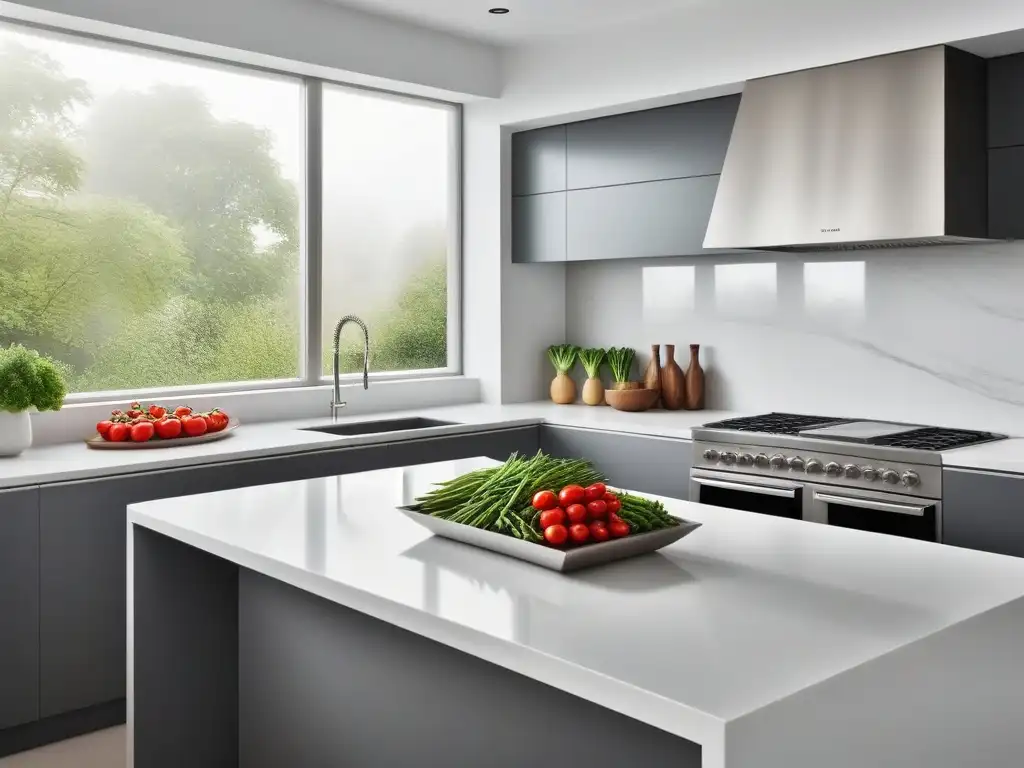 Diseño minimalista en la cocina vegana con luz natural y espacio ordenado