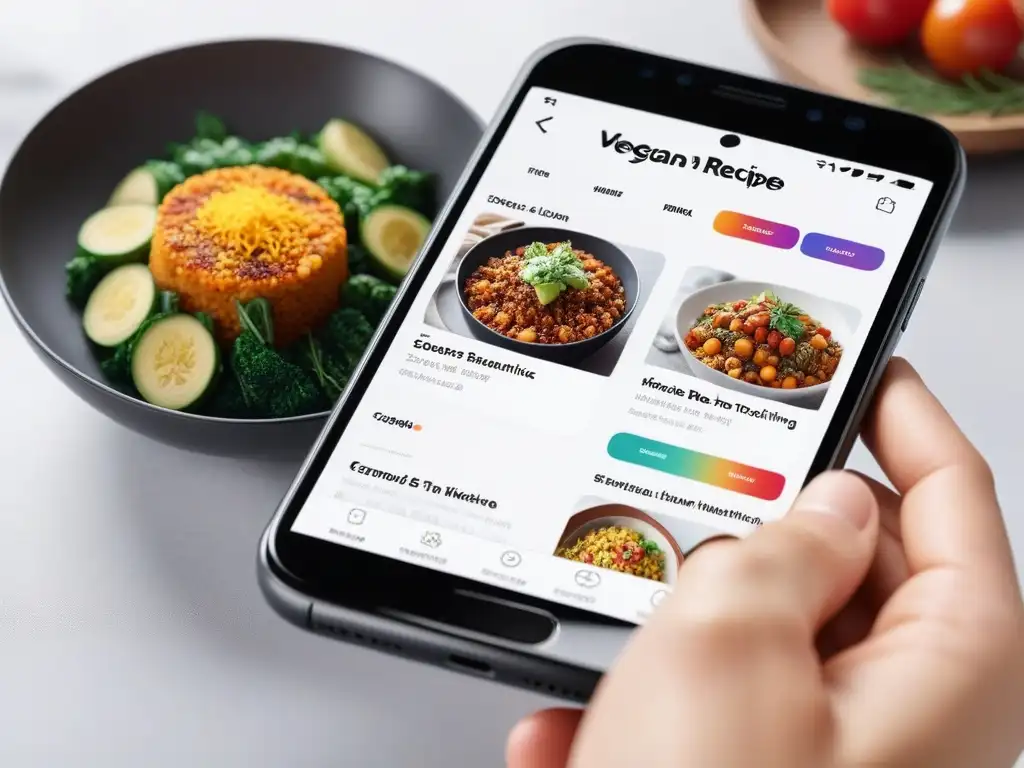 Un diseño moderno y vibrante de una app de recetas veganas con funciones ocultas