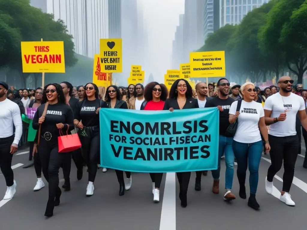 Diversidad de activistas marchando por veganismo y justicia social en la ciudad