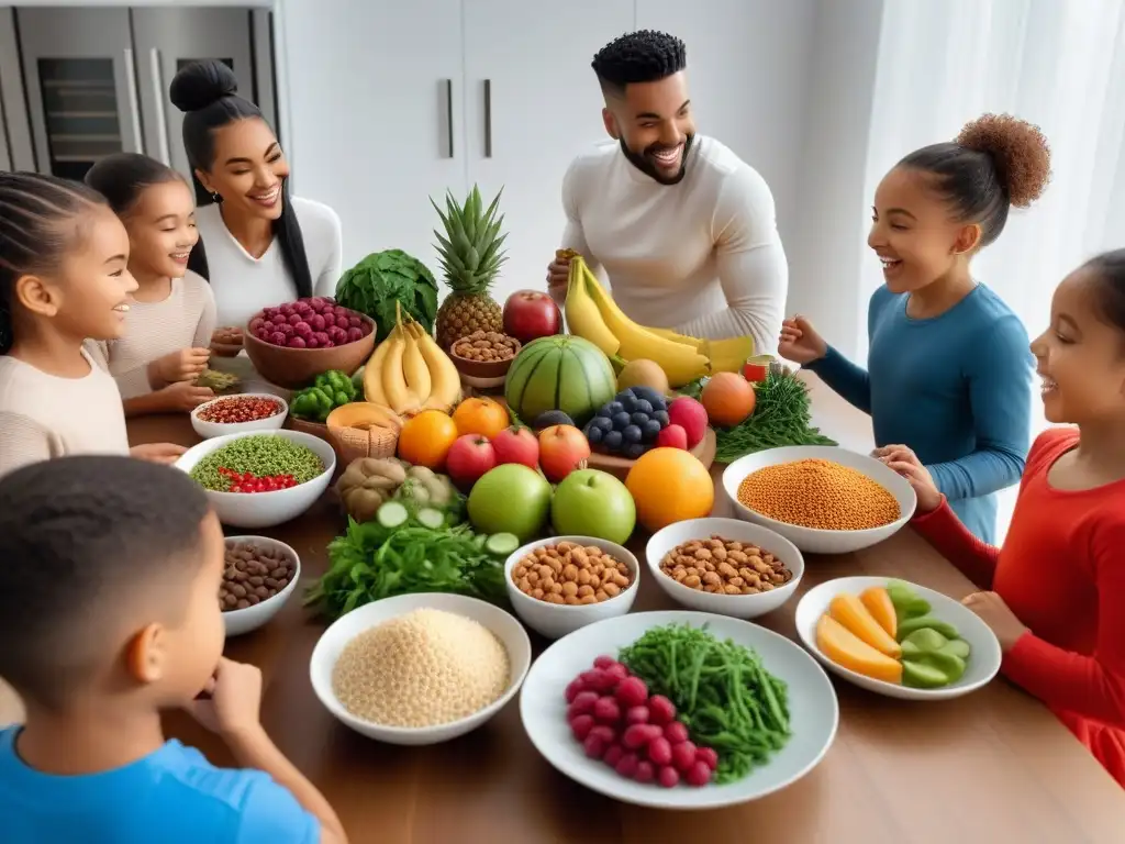 Diversidad y alegría en una mesa llena de alimentos veganos para niños