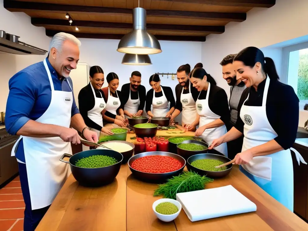 Diversidad y alegría en taller cocina vegana tradicional España con ingredientes y ambiente rústico y contemporáneo