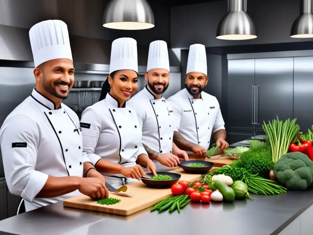 Diversidad de chefs preparando platos veganos con pasión y precisión en cocina moderna