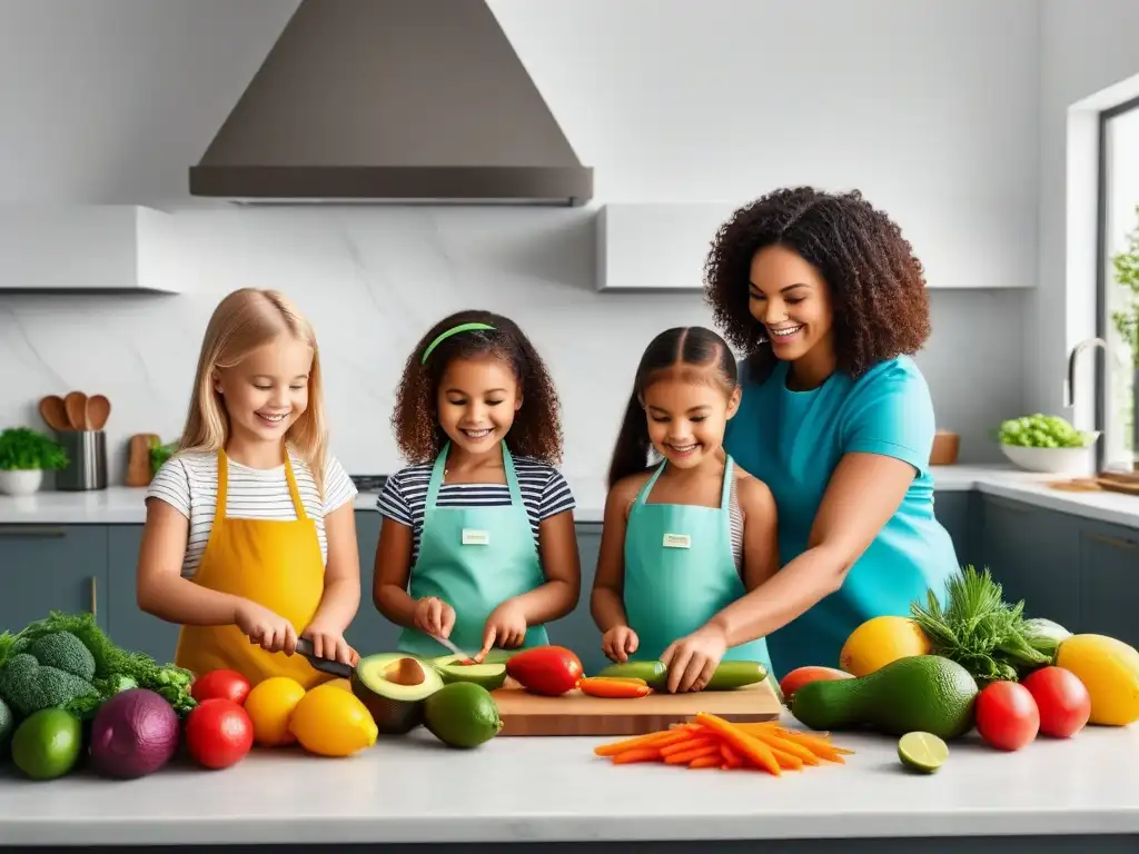 Un divertido y colorido escenario de cocina con niños felices preparando comida vegana de forma segura