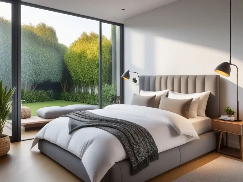 Un dormitorio moderno con una cama grande y cómoda, ropa de cama vegana y una vista a un jardín tranquilo