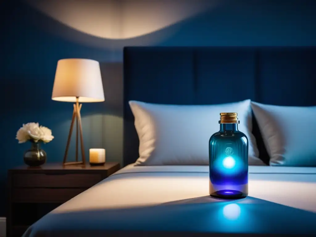 Un dormitorio sereno con decoración moderna, botella de suplemento vegano de magnesio en mesa minimalista, iluminado por luz de luna azul