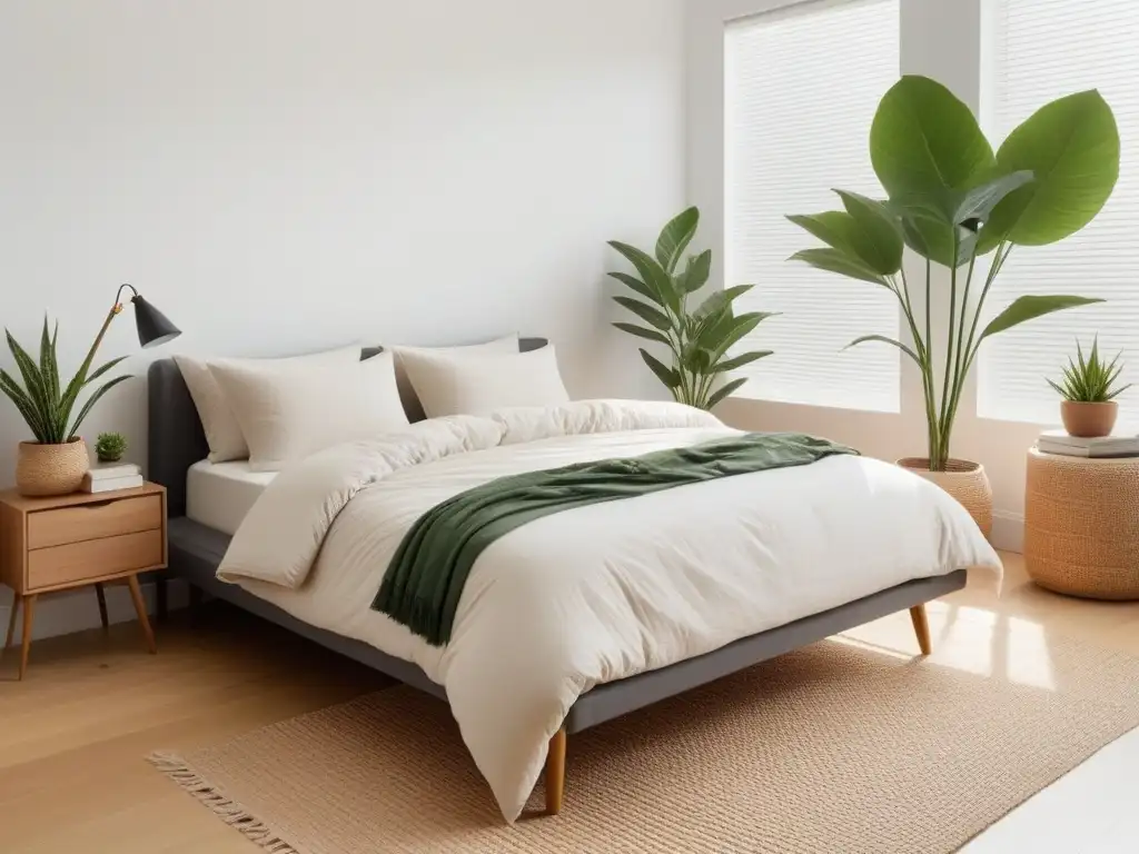 Un dormitorio sereno y minimalista con una cama grande y cómoda vestida con ropa de cama orgánica y cruelty-free