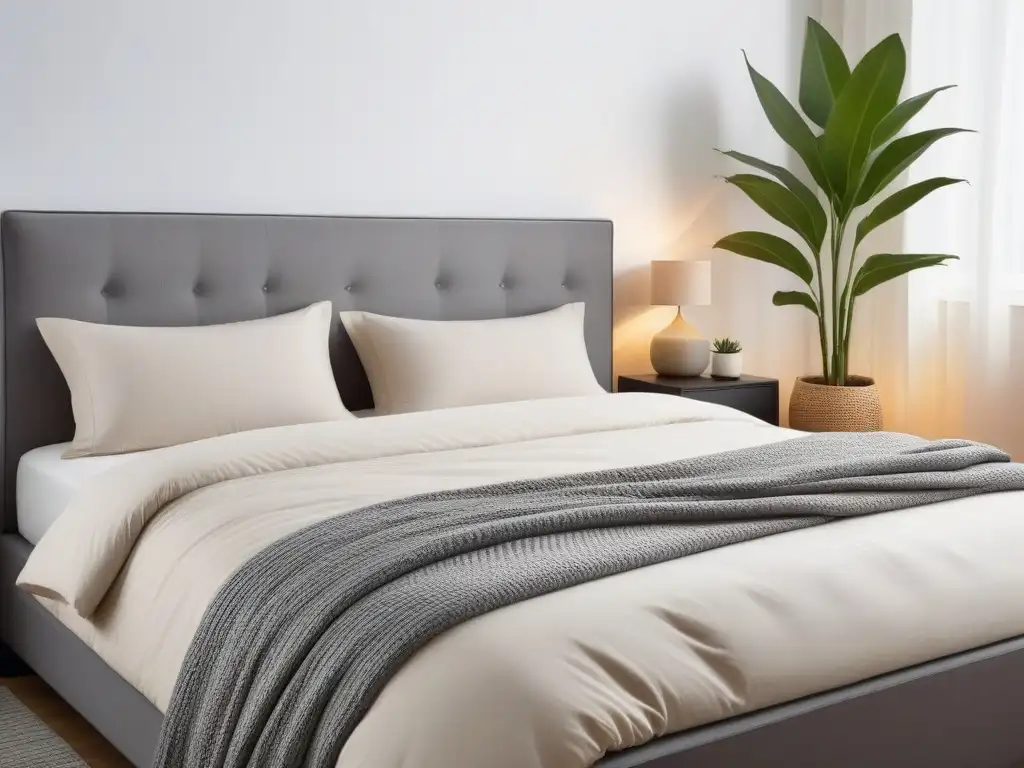 Dormitorio sereno y moderno con cama cómoda y ropa de cama vegana, promoviendo beneficios veganismo calidad sueño