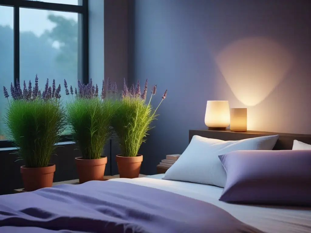 Dormitorio sereno de noche con cama vegana, té de manzanilla y aceite de lavanda bajo la luz de la luna