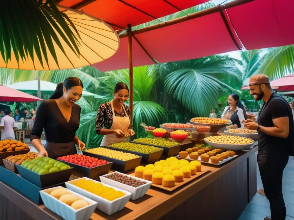 Dulces veganos del mundo: Mercado vibrante de postres en un paraíso tropical, repleto de sabores exóticos y coloridas delicias