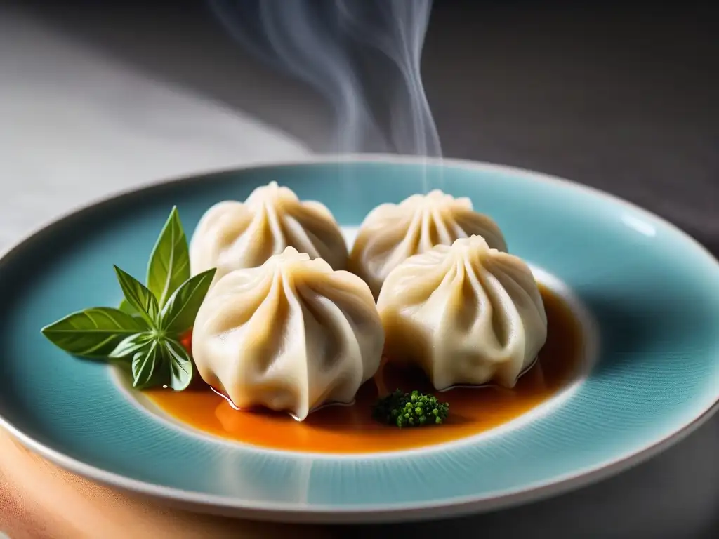 Un dumpling vegano al vapor fácil, colorido y detallado, con hierbas frescas y vapor delicado, en una cocina moderna