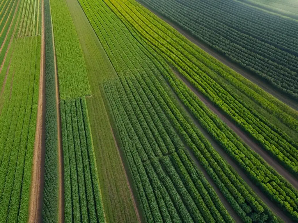 Eficiente agricultura vegana: granja vibrante contrasta con campos tradicionales, mostrando uso óptimo de tierra