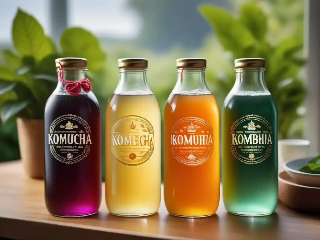 Elaboración kombucha artesanal personalizada: Botellas de kombucha casera con sabores cítricos, menta y bayas, en un entorno natural y luminoso