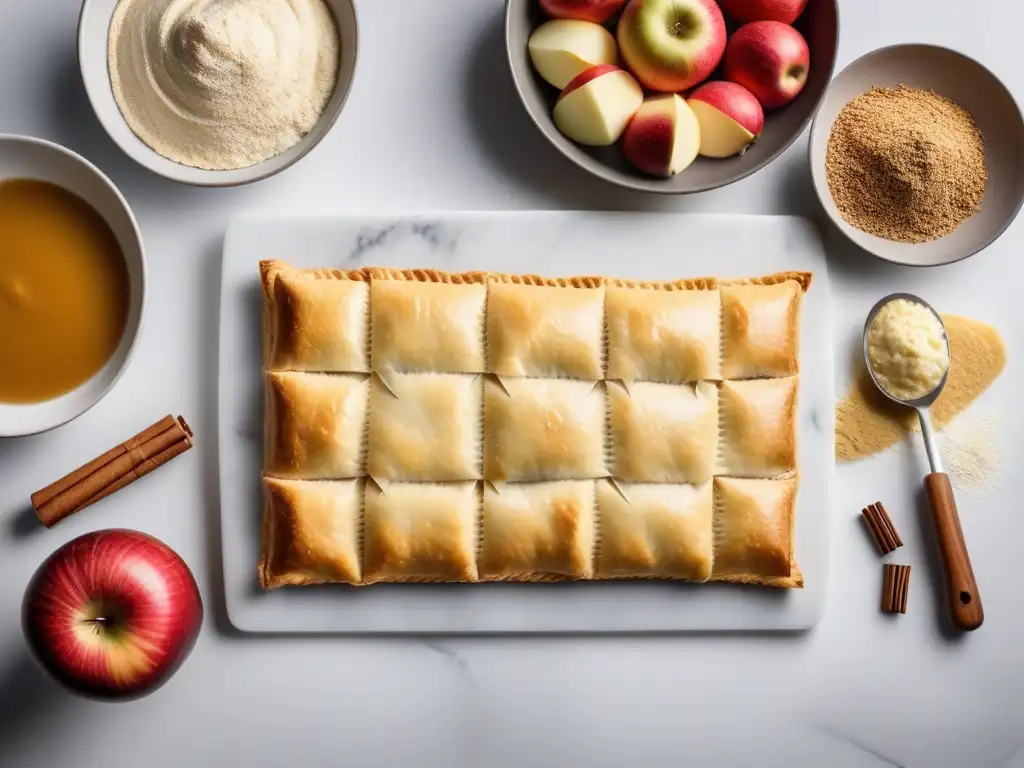 Preparando con elegancia una receta strudel manzana vegano en una cocina moderna con superficie de mármol