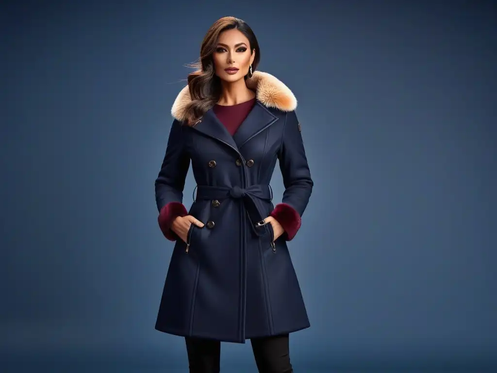 Chaqueta vegan de invierno: diseño elegante y lujoso en alta resolución Elegante abrigo vegano de invierno en tonos azul marino y borgoña, con detalles de costura y piel sintética