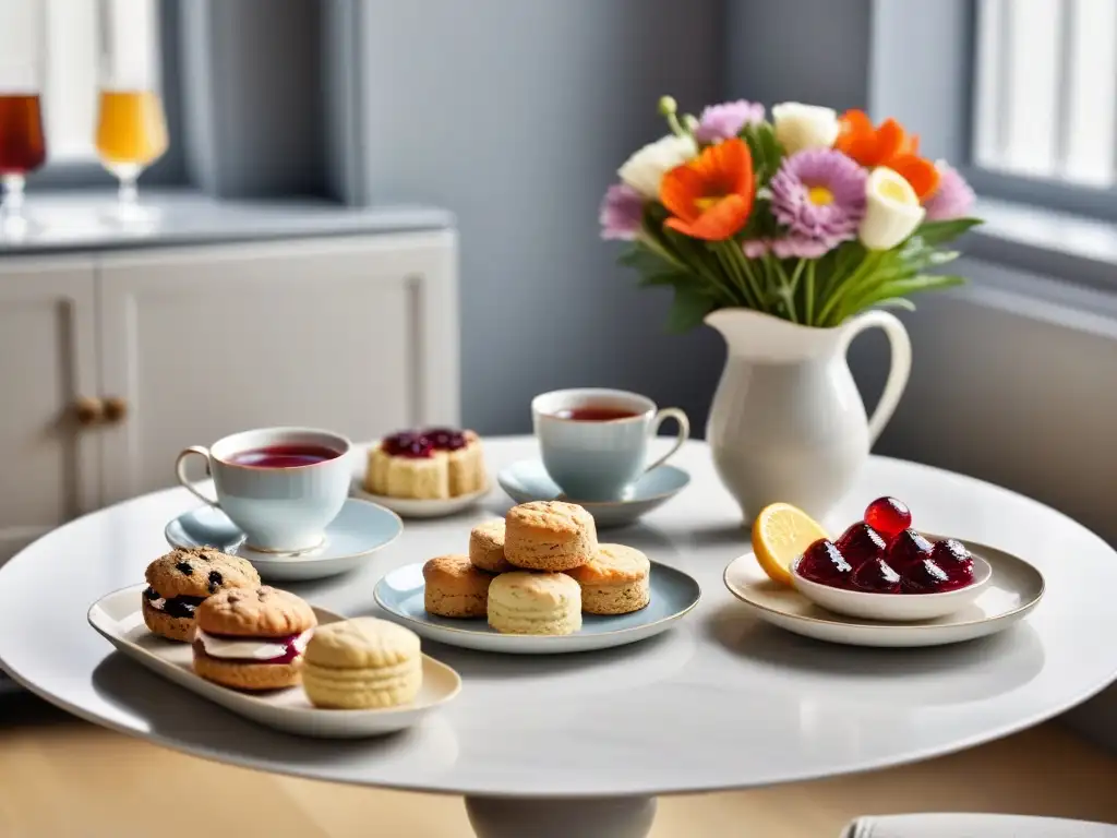 Un elegante banquete vegano con scones y mermeladas artesanales, decorado con flores frescas en un ambiente acogedor de cocina moderna