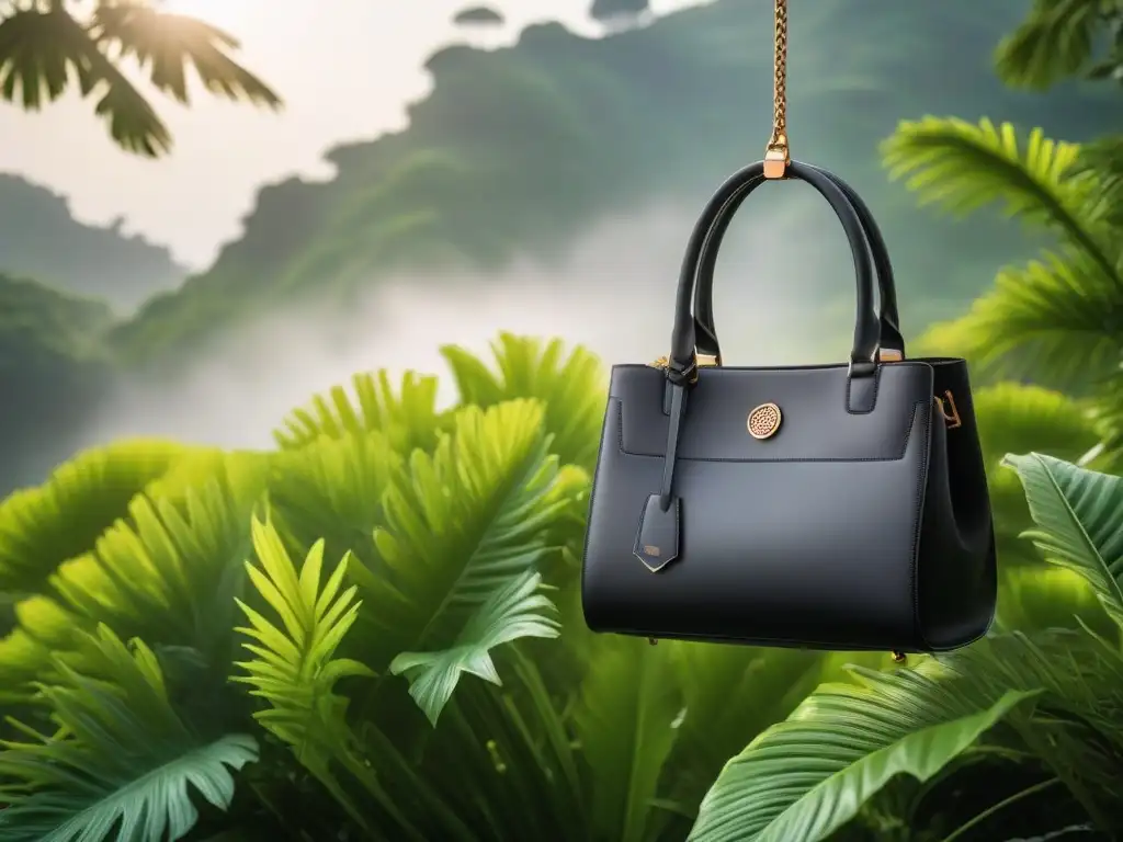 Elegante bolso vegano de cuero negro en contraste con exuberante vegetación, resaltando detalles y diseño comparables a bolsos de cuero tradicionales