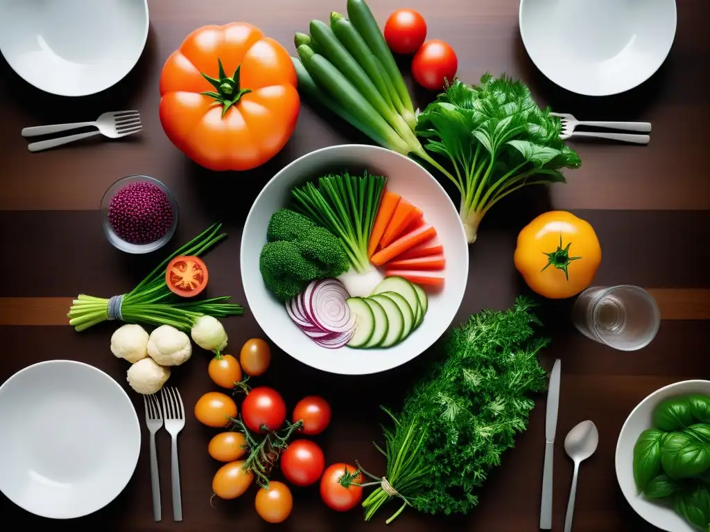 Una elegante cena vegana con ingredientes frescos en mesa minimalista de madera