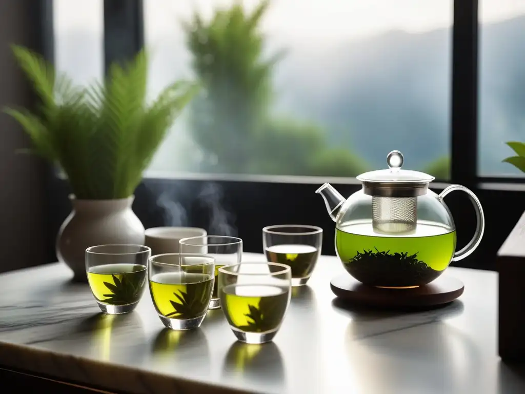 Una elegante ceremonia del té con te verde en un ambiente sofisticado