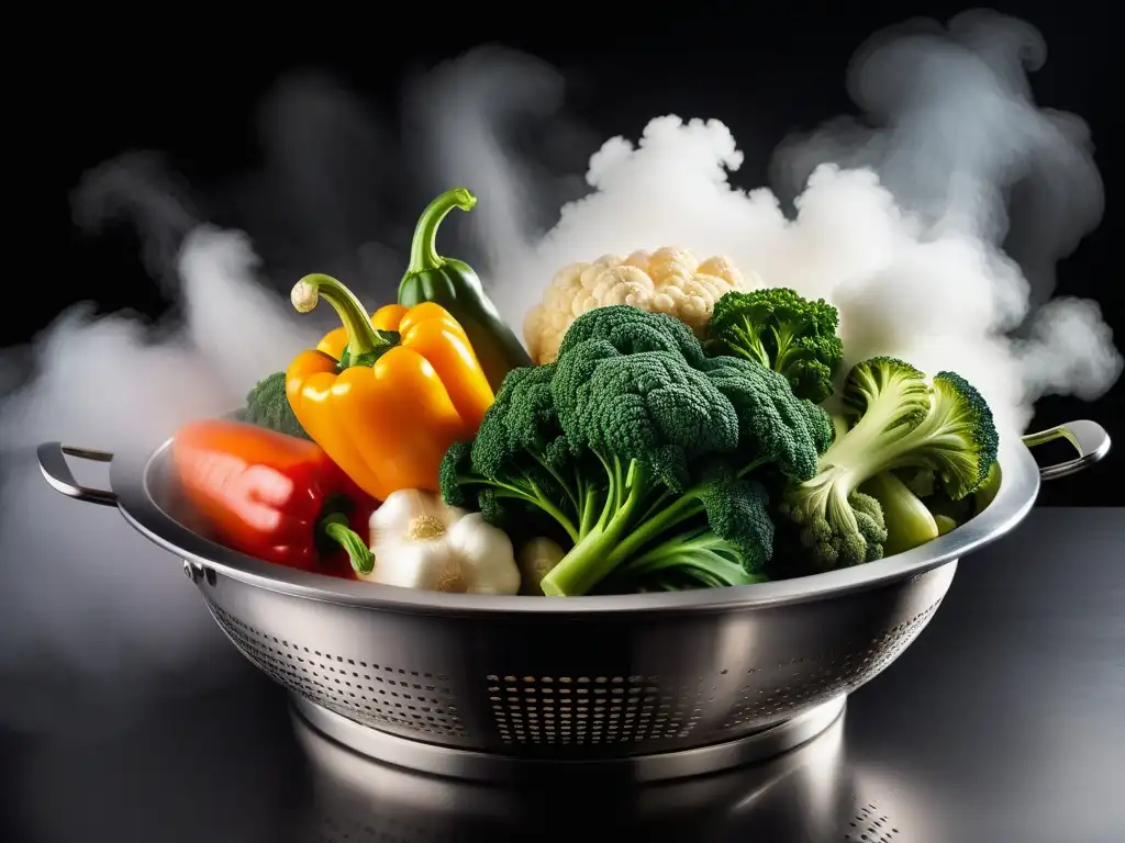 Un elegante cesto de vapor de acero inoxidable lleno de verduras vibrantes, en una nube de vapor